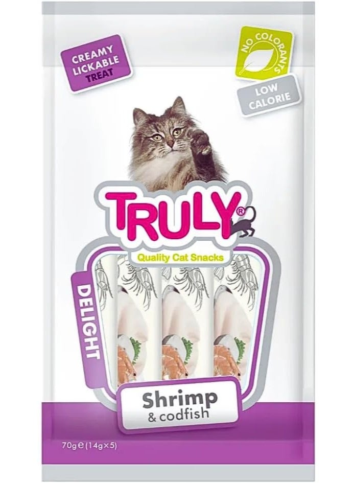 مكافآت كريمية للقطط قابلة للحس – نكهة الروبيان والسمك القد – سعرات حرارية منخفضة وبدون ملونات – 70 جم (5 أنابيب × 14 جم)